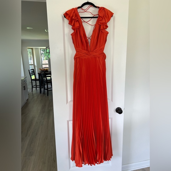 Ieena for Mac Duggal Plunge Neck Pleated A-Line Dress in Sunset - Picture 2 of 4